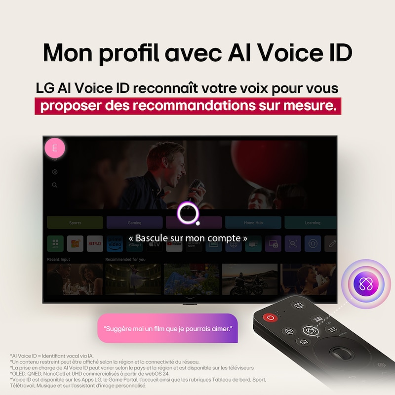 Écran LG TV avec une télécommande AI Magic Remote au premier plan. Le bouton IA est mis en surbrillance et une bulle de dialogue montre du texte : suggérez un film que j’aime. À l’écran, nous voyons l’icône utilisateur E, indiquant comment AI Voice ID a pu identifier l’utilisateur et formuler des recommandations personnalisées en fonction de sa voix.